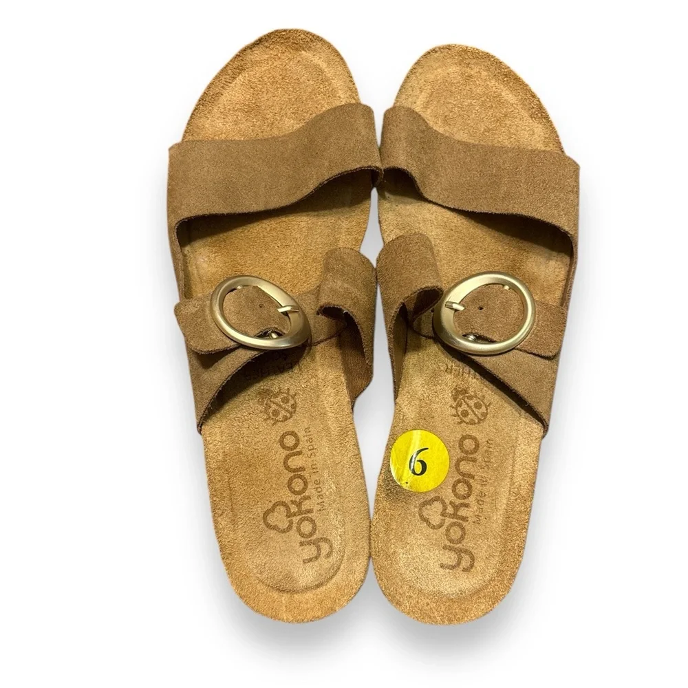 YOKONO Tan Suede Leather Two Strap Cork Wedge Sandals
